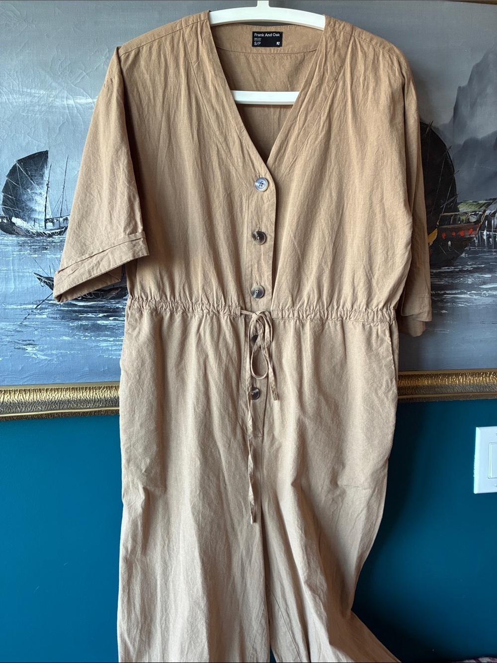 Frank And Oak Sand Linen Blend Jumpsuit | Minimalist Utility | Small (fits S-M)
